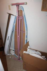 lot 126 image: Ironing Board, (2) Irons, Linkable LED lights, and Box of white shirts