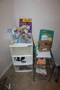 lot 156 image: Small Wire Shelf with pullout Drawers, Plastic Storage bin Plus Contents Photo Paper, Labels, Black Ink Cartridges and more