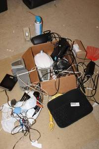 lot 160 image: Computer Speakers, Cables, Roll of Speaker Wire, Compressed Air Cleaner