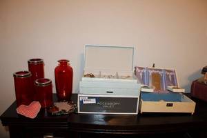 lot 163 image: Jewelry Boxes, Fashion Jewelry, Red Vase, Red Glass Candle Holders