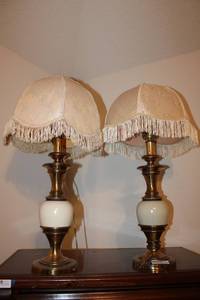 lot 166 image: Pair of Brass Table Lamps with Vintage Fringe Lampshades