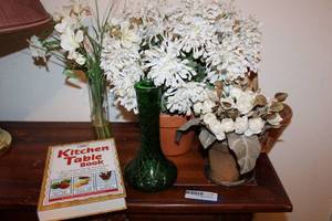 lot 168 image: White Artificial Flower Arrangements and Green Glass Vase PLUS Kitchen Table Book