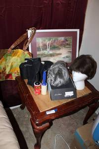 lot 173 image: Mens Hair Pieces, Knee Brace, Framed Artwork, End Table (missing glass top)