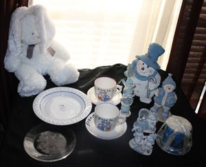 lot 207 image: Snowmen Figurines, Plush Bunny, Disney plates, Grandma and Grandpa mugs