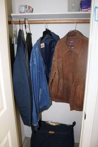lot 206 image: Closet contents Mens Brown leather jacket and Lined denim jacket, suitcase
