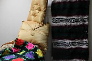 lot 208 image: Vintage afghan blankets, gold fabric pillows