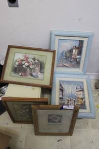 lot 210 image: (4) framed Artwork Pieces, picture frame, Refrigerator can sorters, Ceramic Cookie jar