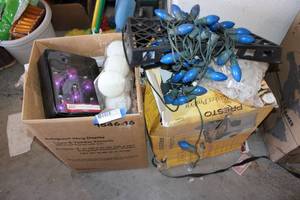 lot 322 image: Blue Christmas lights, purple and white glass ornaments, Christmas tree stand
