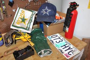 lot 335 image: Fire extinguisher, Cowboys hat, Dallas stars car flag, wrench set, staplers