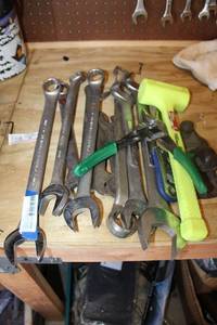 lot 336 image: Tools large wrenches, mallet, planer,