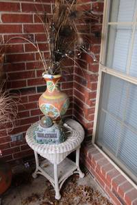 lot 367 image: Wicker table, Welcome porch sign, Orange Vase