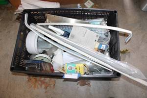 lot 359 image: Misc. Hardware drawer slides, lightbulbs, other electrical supplies, curtain rods