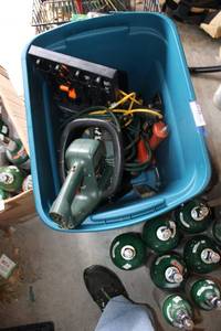 lot 357 image: Hedge trimmer, air nailer, rubber mallets, strap