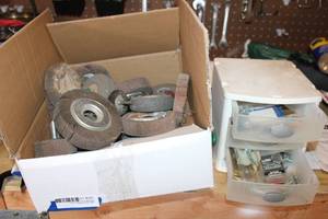 lot 345 image: small plastic organizers, grinding wheels, misc. hardware