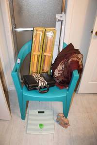 lot 192 image: Blue chair, towel rods, makeup case, scale and cast iron doorstop