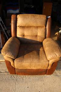lot 16 image: 2-tone brown leather look Rocking Recliner (matches lot 19)