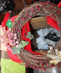 lot 26 image: Grapevine wreath, Red Christmas Stockings and Artificial White Christmas Tree