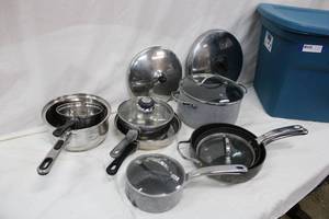 lot 38 image: Misc. pots and pans. Includes tote