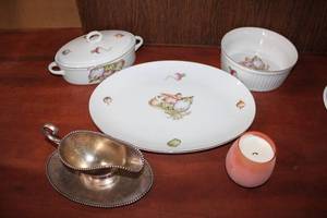 lot 45 image: 1981 Lord & Taylor Dennis Edge Vegetable Serving Dishes, Silverplate gravy boat, scented candle and