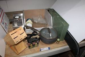 lot 95 image: Misc. Lot Emergency Light, Knife block, Glass cookware lids, Projector slide case, and BilliardsPool Cue with case