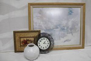 lot 47 image: Home Dcor Framed artwork, vase and wall clock
