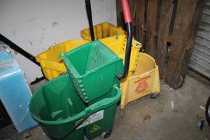 lot 127 image: (3) yellow mop buckets plus (1) Green Commercial mop bucket