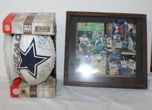 lot 232 image: Signed Dallas Cowboys football and picture frame of baseball cards cowboys letter of authentic signatures see pic