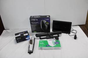 lot 250 image: Office Lot printer ink, Belkin N750 Router, ArtDio speaker, envelopes and 3-hole punch