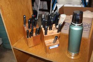 lot 255 image: Knives and wooden blocks plus Steel Thermos