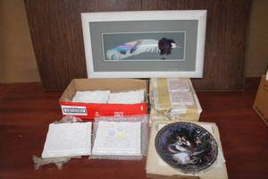 lot 110 image: The Betrothal Collectors Plate, Plain paintable tiles, Backsplash tiles, and framed feather