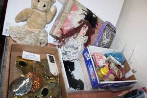 lot 111 image: Handmade jewelry box and brass buckets, Lace trim, playing cards, bath salts