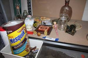 lot 144 image: Misc. Lot Vintage Bottles, Trinket Box, Decanter, matches