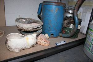 lot 145 image: Mother of Pearl Shells, Coleman Fuel Burner, Cat Planter