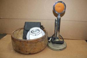 lot 135 image: Round wooden bowl, vintage lollipop microphone, Discman and portable CD player