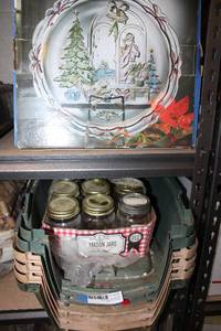 lot 143 image: 14 Christmas platter, set of mason jars, and plastic pet carriers