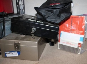 lot 148 image: Metal lock boxes, blood pressure cuff, foodveggies slicer, wooden cigar box