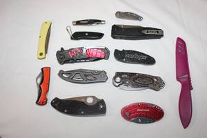 lot 151 image: Pocket knives (Includes Stihl, Gerber, Boom, Kershaw, Sog, Sheffield brands and Pink knife with sheath)