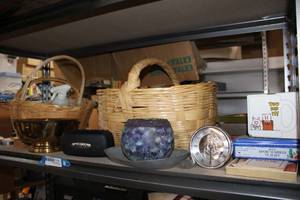 lot 189 image: Misc. Lot baskets, Votive holder, serving bowl, clock, games