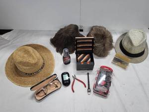 lot 262 image: Mens hats, hair pieces, tie and cufflink set, small tool set