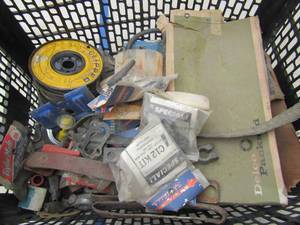 lot 115 image: Roll of automotive wire and cable- battery belt connectors , various other connectors in black crate