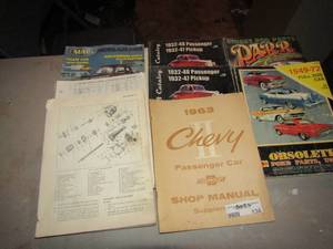 lot 134 image: autopart manuals includes, 1963 chevy passenger shop manual, 2002 ford v8 catalog1932-1948, ford parts 1949-72, and more