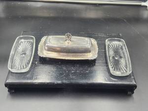 lot 41 image: Silver and glass covered butter dish