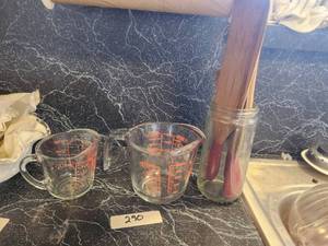 lot 290 image: Anchor Hockins glass measuring cups and set of vintage wood utensils