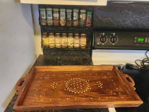 lot 305 image: Large wood serving tray, and a spice rack