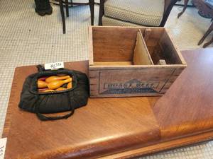 lot 356 image: Vintage wooden bowling game and a vintage Libby Roast beef crate