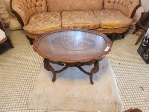 lot 348 image: Vintage inlaid - occasional glass top table - 19W x 22H x 32L