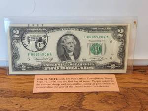 lot 133 image: 1976 $2 bill with U.S. Post Office cancellation stamp