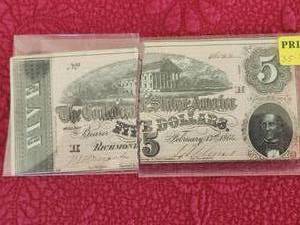lot 74 image: 1864 The Confederate States of America $5 note - 2 pieces
