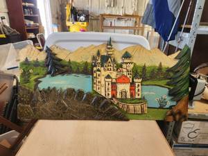 lot 234 image: Vintage hand painted art on wood of Castle - 17 x 35
