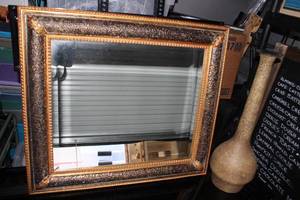 lot 31 image: Wall Mount Mirror with Beveled Sides and Beautiful Frame also home decor vase in style as shown